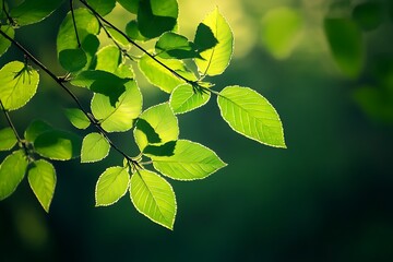 Sunlight shining through green leaves on tree branch. Abstract nature photo for background or wallpaper