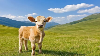 Fototapeta premium A light brown calf gazes curiously into the camera, set against a backdrop of vibrant green grass and rolling hills under a bright blue sky, radiating warmth and charm
