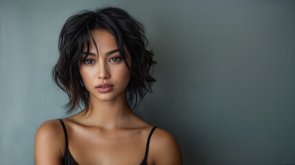 Naklejka premium A young Asian American model with short black hair and wearing a black top or dress. Isolated against a neutral background. Copy space. Somber expression.