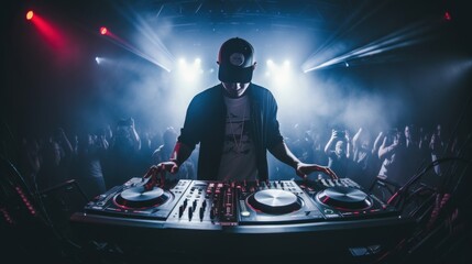 A focused DJ skillfully mixing music on stage, facing the equipment against a backdrop of vibrant...