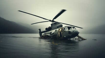 A downed helicopter rests partially submerged in murky water against a misty backdrop, evoking a sense of mystery and abandoned technology.