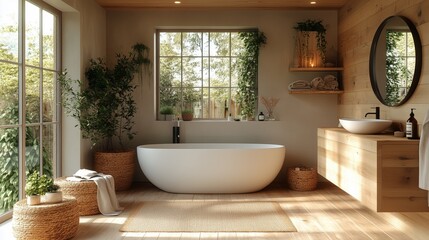 The bathroom is decorated with plants and has a natural, calming atmosphere.