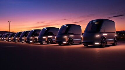 A series of autonomous courier vehicles line up at dusk, with their sleek, modern design highlighted against the fading sunlight at a futuristic docking area.