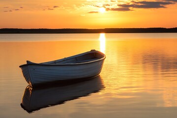 White Rowboat on Calm Water at Sunset