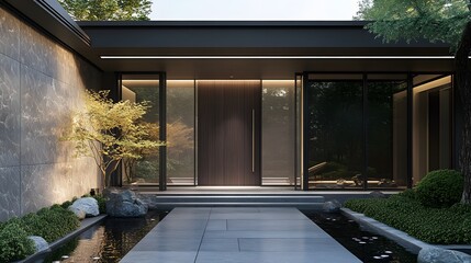 Modern entrance, simple wooden front door, simple white house facade with brown natural wood door