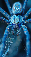 A spider with blue and gold markings on its body. The spider is surrounded by a web