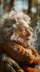 A woman with a scarf and glasses is smoking a cigarette. Concept of relaxation and leisure, as the woman is taking a break from her daily routine to enjoy a cigarette