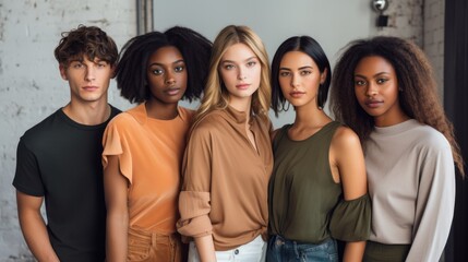 Five diverse young adults stand closely, dressed in stylish outfits against a textured indoor background, reflecting unity and modern sensibilities.