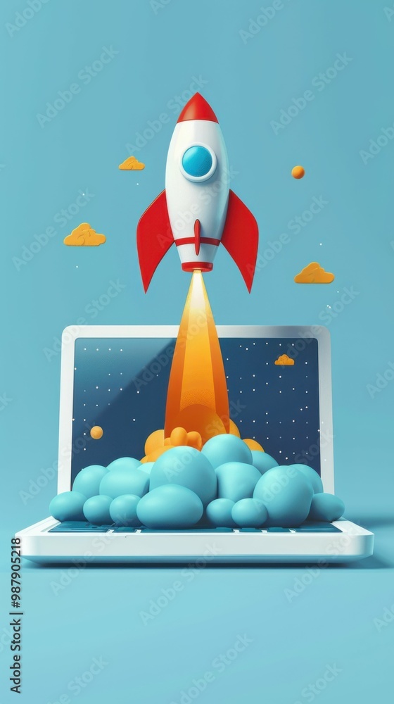 Poster a computer screen shows a rocket launching into space. concept of excitement and adventure, as well 