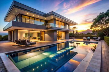 Fototapeta premium Luxurious Modern House Exterior with Minimalist Design and Large Outdoor Entertainment Area