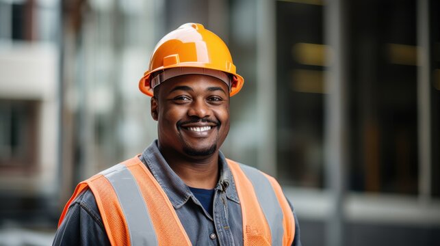 A beaming construction worker in a hard hat and safety vest radiates positivity and job satisfaction, embodying pride in skilled labor.