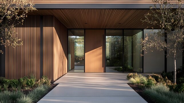 Modern entrance, simple wooden front door, simple white house facade with brown natural wood door