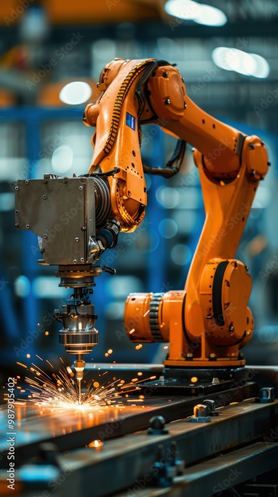 Poster a robot is working on a piece of metal, creating sparks as it cuts through it. the scene is industri