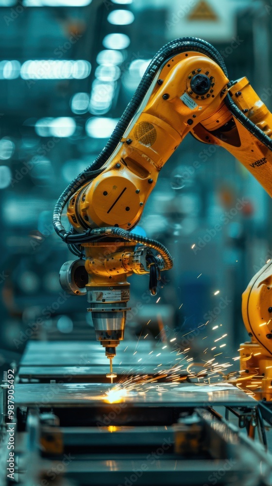 Poster a robot is working on a piece of metal, creating sparks as it cuts through it. the scene is industri