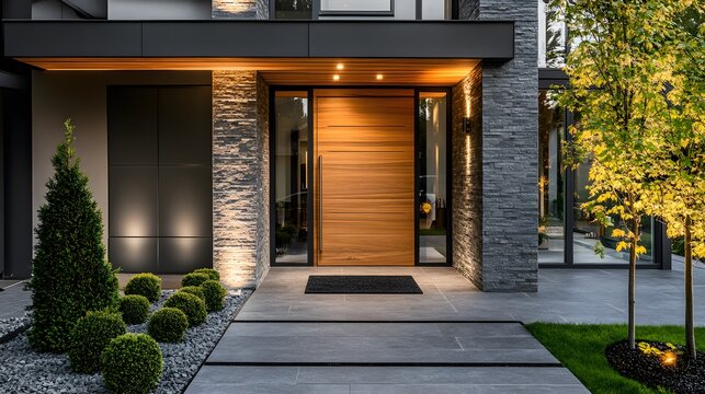 Modern entrance, simple wooden front door, simple white house facade with brown natural wood door