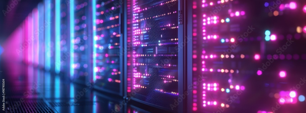 Poster a row of computer servers with a purple hue. the servers are lit up and appear to be glowing