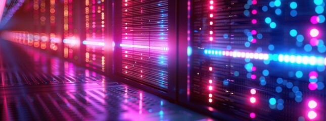 A computer server room with neon lights and a neon blue wall