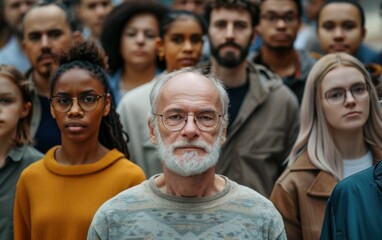 A group of people are standing together, one of them is wearing glasses. The man in the center of the group is wearing a gray sweater and has a beard
