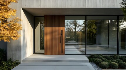 Modern entrance, simple wooden front door, simple white house facade with brown natural wood door