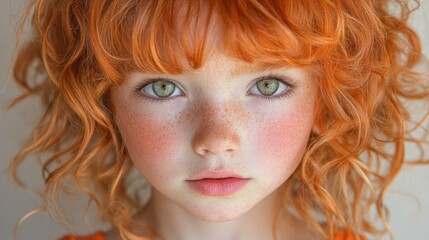 Fototapeta premium A young girl with red hair and green eyes. She has a rosy complexion and is wearing an orange shirt