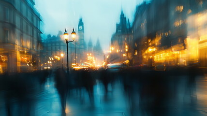 Fototapeta premium Abstract cityscape with blurred figures and glowing street lamps on a foggy night, featuring a dreamy atmospheric view