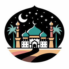 Fototapeta premium Elegant mosque illustration with moon and palms for t-shirt print