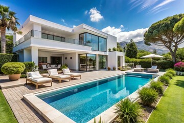 Fototapeta premium Luxurious Modern House Exterior with Minimalist Design and Large Outdoor Entertainment Area