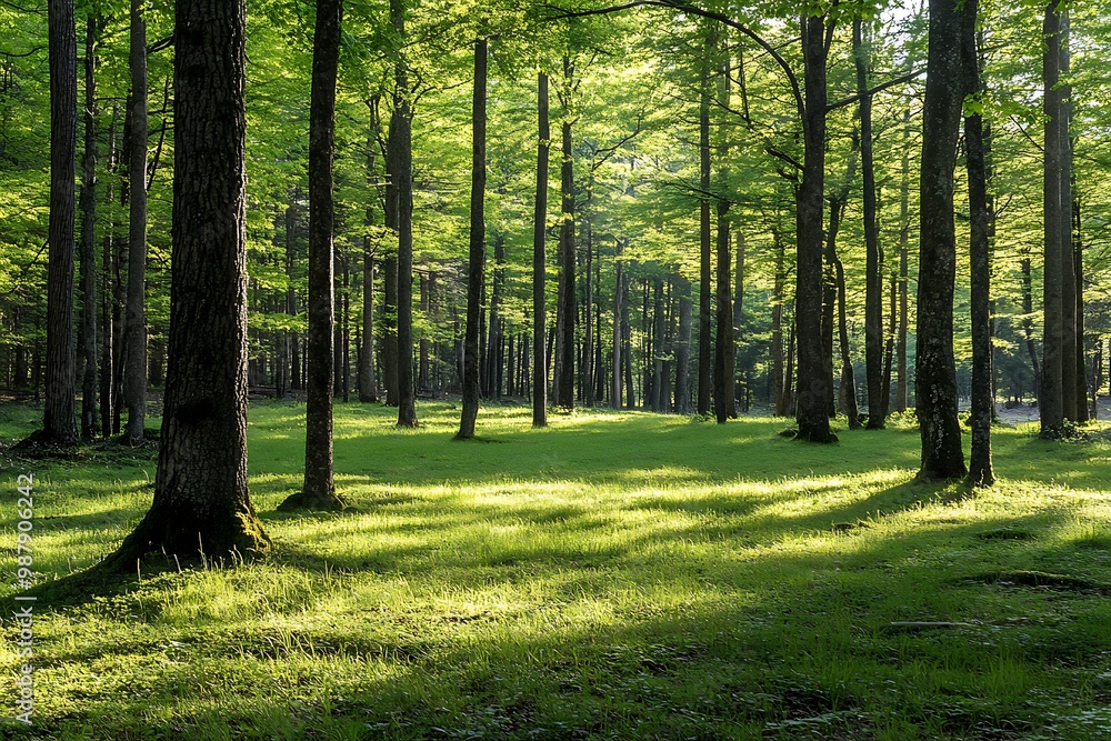 Poster sun shining through the trees in a lush green forest. tranquil nature scene with dappled light and t