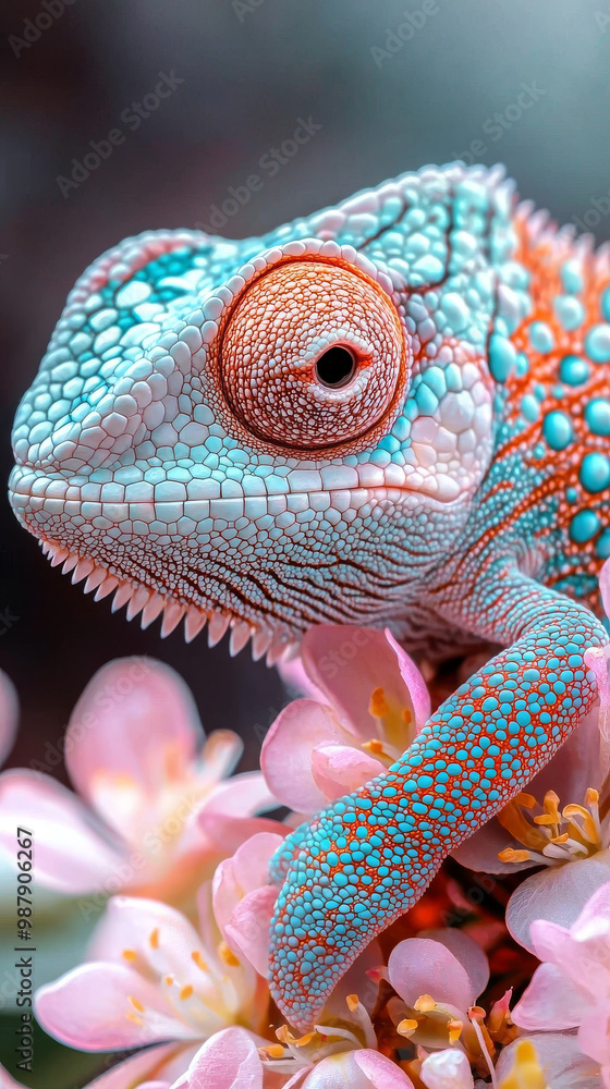 Wall mural close-up of a chameleon perched on pink flowers.