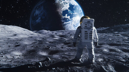 Astronaut standing on lunar surface - a depiction of an astronaut with ski gear on the moon's surface with earth view. Lunar Surface. Illustration