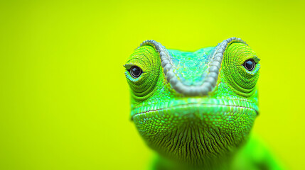 Close-up of a green chameleon's face.