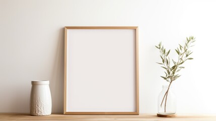 A minimalist indoor setting featuring a wooden frame, a potted plant, and a light-colored jar, all bathed in soft, natural light.