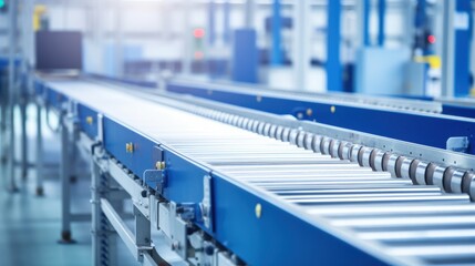A modern factory setting featuring a streamlined conveyor belt system bathed in bright, natural light, emphasizing efficiency and automation.