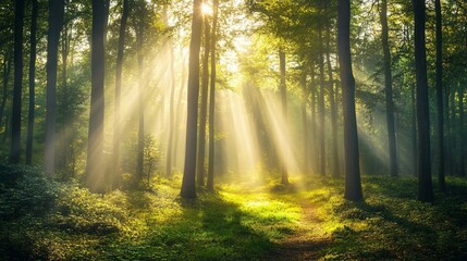 Sunbeams illuminating a forest path in a misty woodland