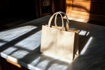 Eco-friendly jute tote bag on sunlit marble table in rustic setting
