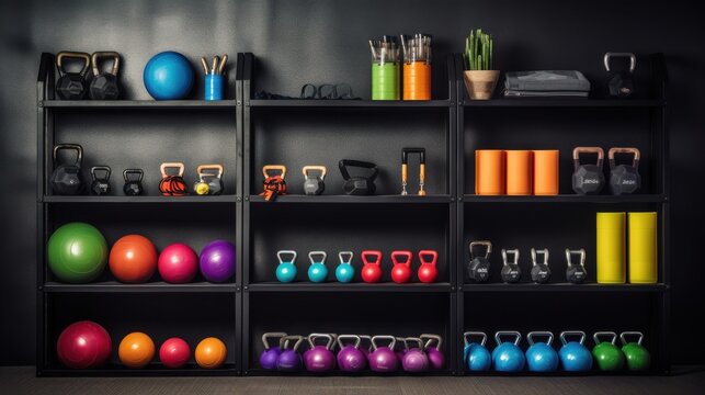 A neatly organized shelf displays a range of colorful gym equipment, including kettlebells, dumbbells, and exercise balls, in a modern fitness studio.