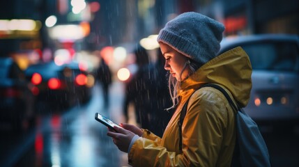 A person in a warm yellow jacket and a gray hat is engrossed in their phone amidst a rainy, bustling city street with blurred lights.