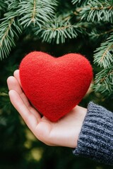 Hand holding red heart symbolizing love and affection in natural outdoor setting