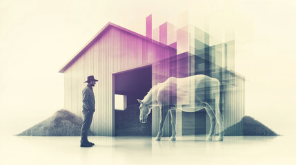 A man in a cowboy hat looks at a horse in a barn with a modern overlay.