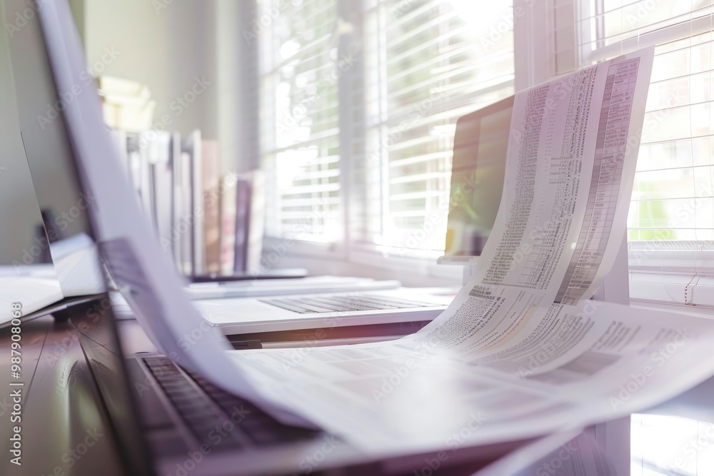 Poster Printed documents and a laptop on a desk, representing a professional office environment with data analysis and business reporting in a modern workspace.