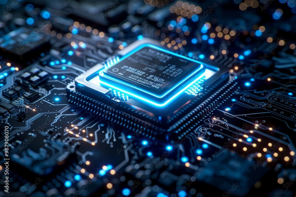 Aufkleber Microchip with glowing connections and data points, symbolizing advanced digital technology and the intricate network of modern electronic systems.