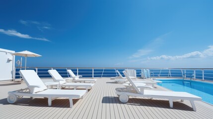 Obraz premium A serene deck on a cruise ship featuring sun loungers under a bright blue sky, inviting relaxation and ocean views.