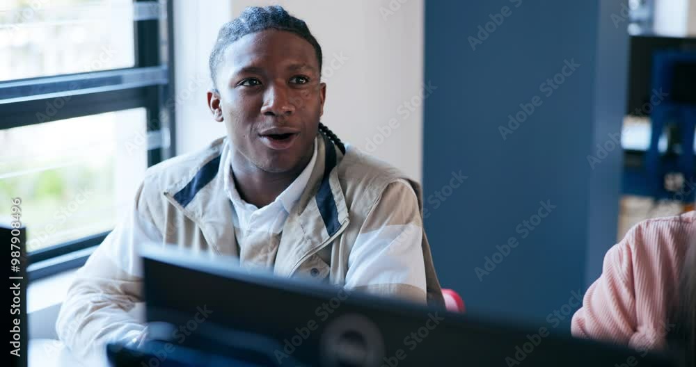Aufkleber man, student and classroom with question, hand and computer in education, growth and development. ma