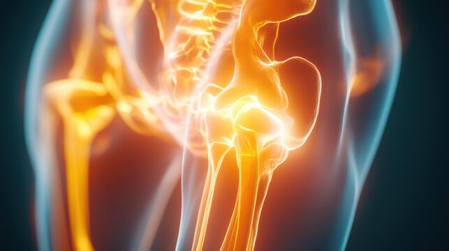 3D-rendered hip joint and surrounding muscles glowing orange, showing pain from hip bursitis or joint stiffness.