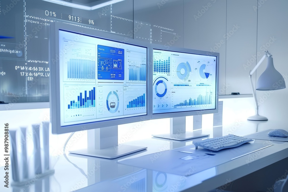 Poster Monitor displaying global data and analytics in a modern office, showcasing digital information and business analysis through advanced technology and graphical interfaces.

