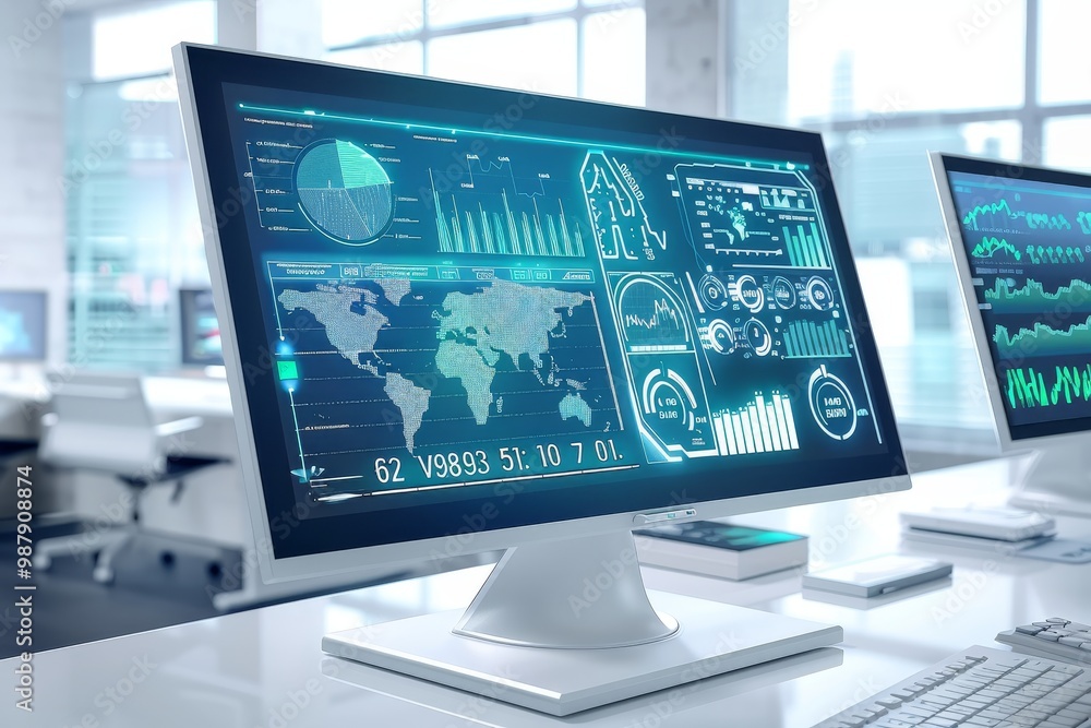 Leinwandbilder Monitor displaying global data and analytics in a modern office, showcasing digital information and business analysis through advanced technology and graphical interfaces.

