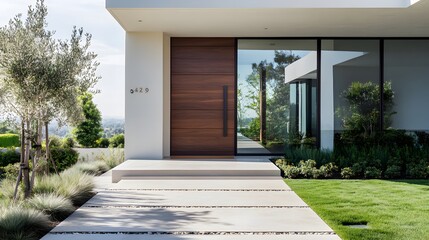 Modern entrance, simple wooden front door, simple white house facade with brown natural wood door