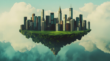Cityscape reflection a big city filled with tall buildings on a green island. floating alone in the air. Floating City. Illustration