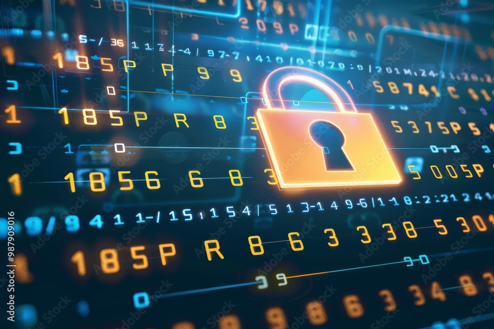 Poster Colorful digital lock surrounded by numbers, symbolizing data encryption and the importance of cybersecurity in protecting sensitive information in a digital world.
