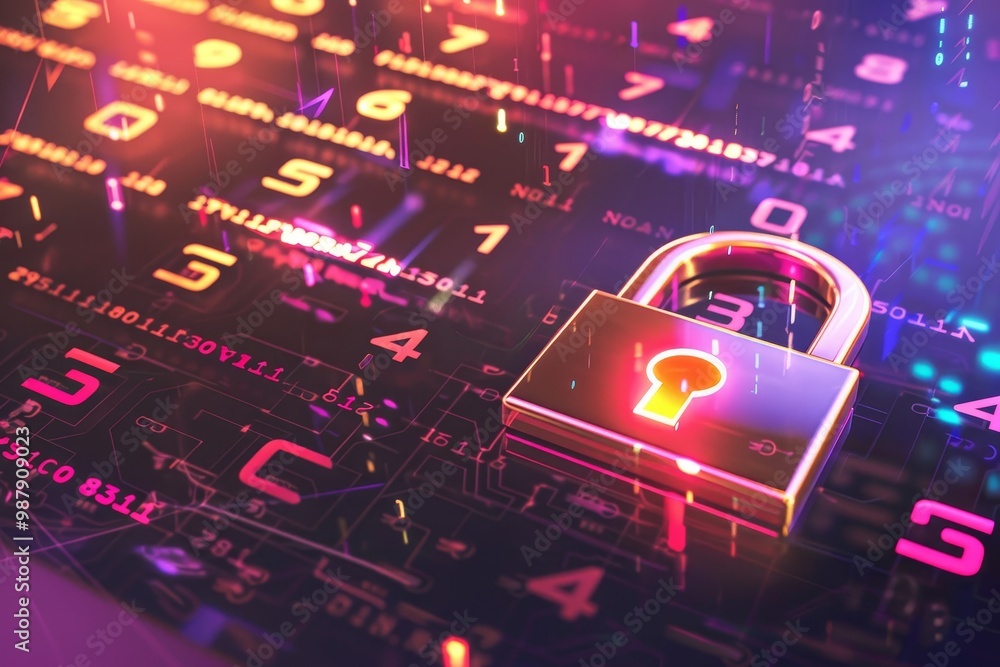 Fototapete Colorful digital lock surrounded by numbers, symbolizing data encryption and the importance of cybersecurity in protecting sensitive information in a digital world.